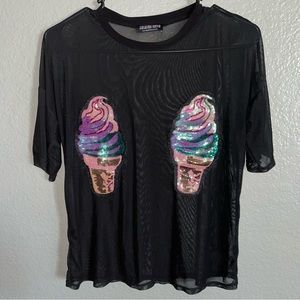 Fashion Nova Sheer Crop Top, Size Medium, Black w/ colorful Ice Cream Cones